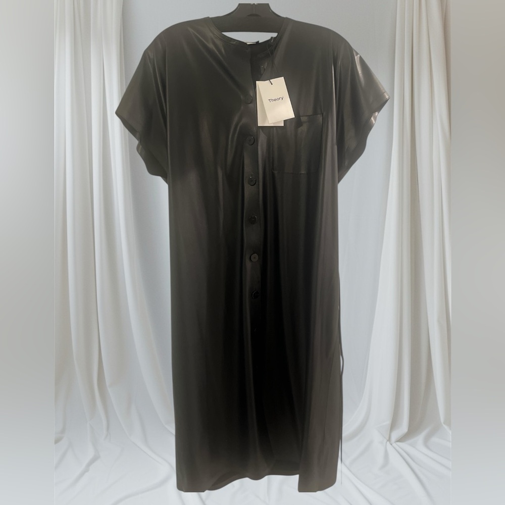 Theory Black Button-Up Dress with Tie Waist and Pocket - Picture 4 of 5